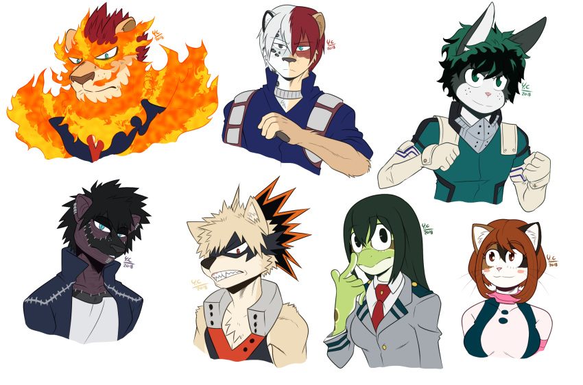 alternate_species amphibian amphibian_humanoid animal_humanoid anthro asui_tsuyu burn_scar canid canine canis clothed clothing dabi_(mha) domestic_dog felid feline female fire frog furrification genetic_chimerism green_hair hair hi_res humanoid incredibleediblecalico izuku_midoriya katsuki_bakugou lagomorph leporid lion male mammal my_hero_academia ochaco_uraraka pantherine rabbit scar shiba_inu snow_leopard solo spitz split_color todoroki_enji todoroki_shouto