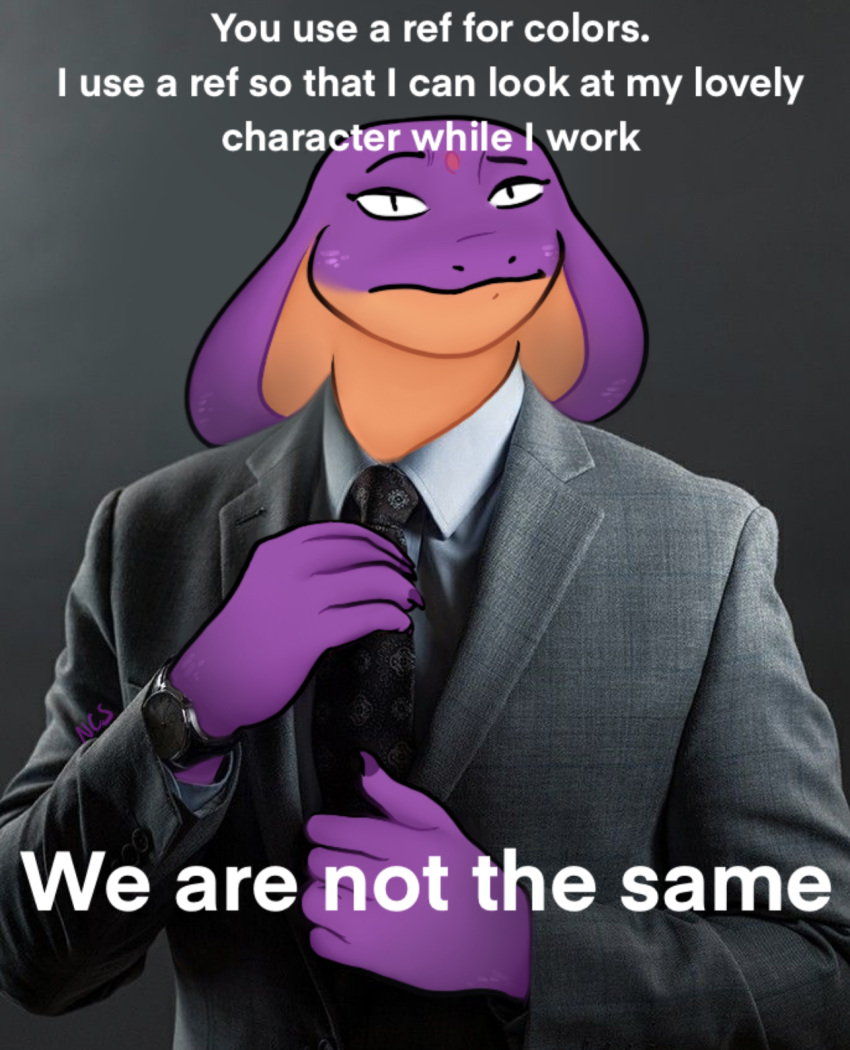 2021 5_fingers anthro better_call_saul breaking_bad cobra countershading dialogue english_text eyebrows female fingers gustavo_fring hi_res keeshee looking_at_viewer ncs necktie purple_body reptile scalie snake snake_hood solo suit_jacket text we_are_not_the_same