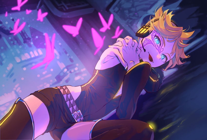 1boy ahoge armpits belt blonde_hair blue_eyes bug butterfly butterfly_tattoo city crossed_arms detached_sleeves facial_tattoo glowing glowing_eyes hands_on_own_shoulders headphones highres hip_vent kagamine_len knee_up latex long_sleeves looking_at_viewer lying male_focus migikata_no_chou_(vocaloid) multiple_belts naimaze_atakamo on_ground on_side ponytail project_diva_(series) punkish_(module) short_hair shorts skin_tight smile solo tattoo thick_eyebrows thighhighs tongue tongue_out vocaloid