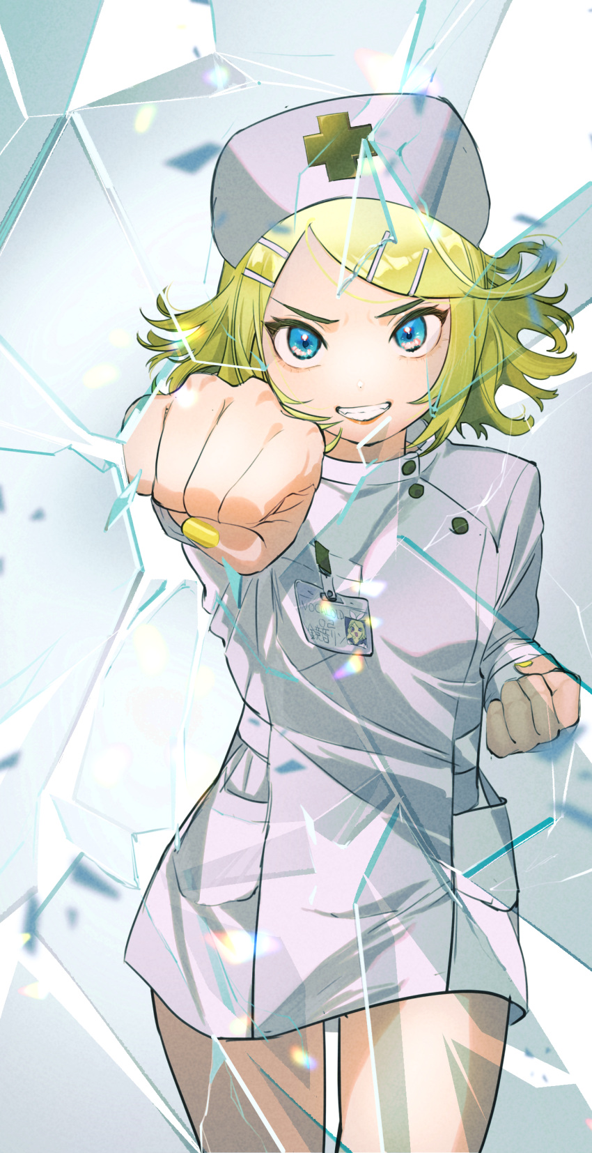 absurdres blonde_hair blue_eyes broken_glass crack female fingernails flipped_hair glass glass_shards grin hair_ornament hairclip hat highres id_card incoming_attack incoming_punch kagamine_rin looking_at_viewer nail_polish naimaze_atakamo name_tag nurse nurse_cap parody parted_bangs punching shards shattered shiina_ringo short_hair smile solo thick_eyebrows uniform v-shaped_eyebrows vocaloid yellow_nails