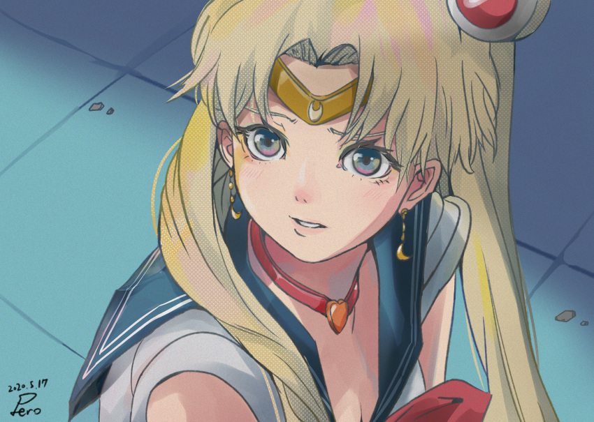 2020 absurdres bishoujo_senshi_sailor_moon bishoujo_senshi_sailor_moon_s blonde_hair blue_sailor_collar breasts choker circlet cleavage crescent crescent_earrings dated derivative_work earrings female grey_eyes grey_shirt hair_bun hair_intakes heart heart_choker highres jewelry long_hair magical_girl meme parted_lips peropicnic red_choker sailor_collar sailor_moon sailor_moon_redraw_challenge_(meme) sailor_senshi_uniform sailor_shirt screenshot_redraw shirt signature single_hair_bun small_breasts solo tsukino_usagi twintails upper_body very_long_hair