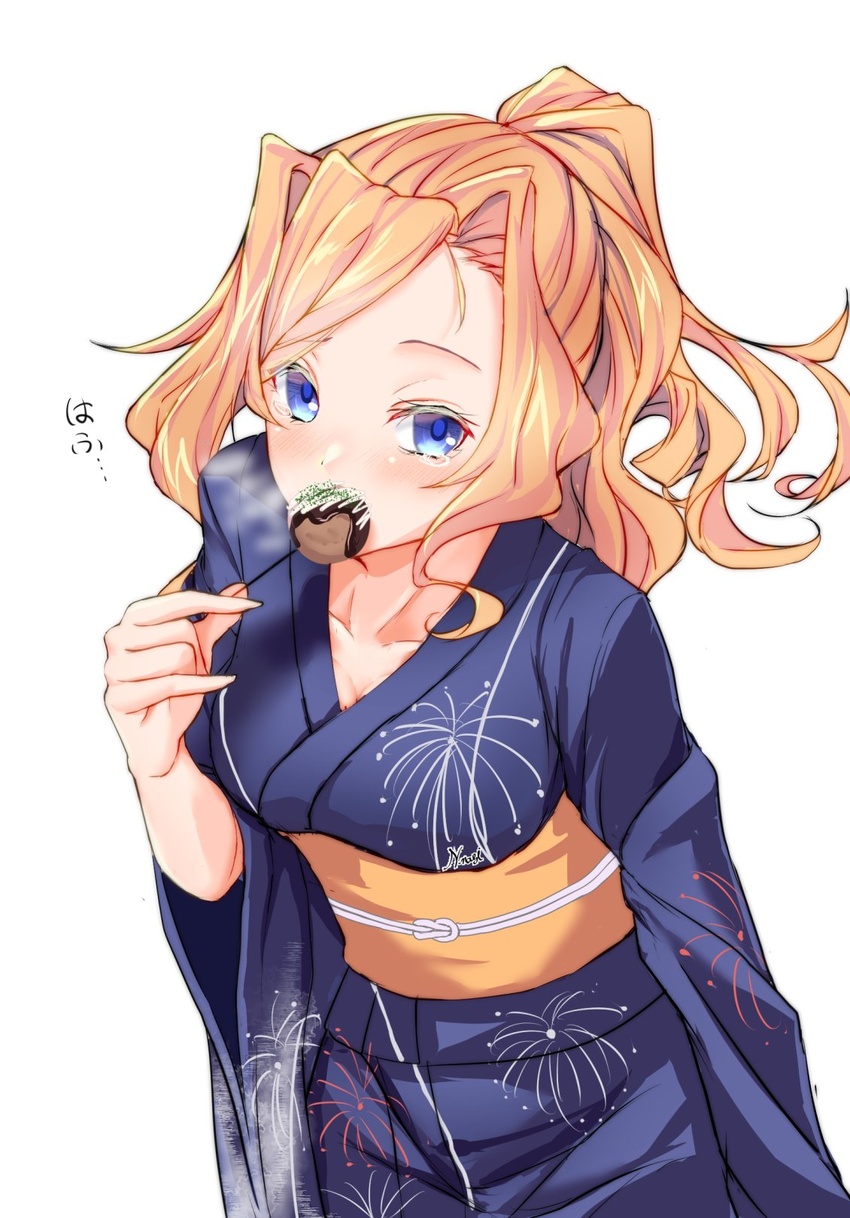 blue_eyes blush breasts collarbone cowboy_shot eating female fireworks_print food highres honolulu_(kancolle) japanese_clothes kantai_collection kimono large_breasts long_hair looking_at_viewer nagisa_nagi official_alternate_costume official_alternate_hairstyle orange_hair ponytail print_kimono takoyaki tears white_background yukata