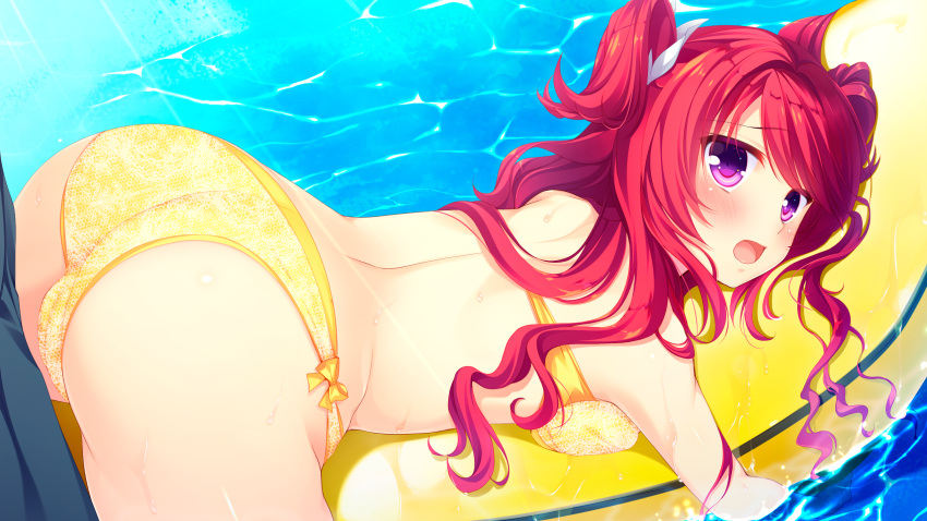 ass bikini blush bow breast_press breasts cameltoe courreges_ace day female game_cg hair_ornament highres long_hair medium_breasts official_art open_mouth outdoors print_bikini purple_eyes red_hair rinka_(watashi_ga_suki_nara_"suki"_tte_itte!) side-tie_bikini_bottom solo sunlight swept_bangs swimsuit twintails very_long_hair watashi_ga_suki_nara_"suki"_tte_itte! yellow_bikini yellow_bow