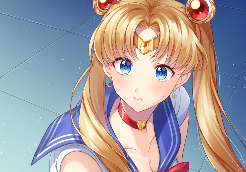 bishoujo_senshi_sailor_moon bishoujo_senshi_sailor_moon_s blonde_hair blue_eyes blue_sailor_collar breasts choker circlet cleavage collarbone collared_shirt commentary crescent crescent_earrings derivative_work double_bun earrings female hair_bun hair_intakes heart heart_choker highres jewelry koyoka long_hair magical_girl medium_breasts meme parted_lips red_choker sailor_collar sailor_moon sailor_moon_redraw_challenge_(meme) sailor_senshi_uniform sailor_shirt screenshot_redraw shirt sleeveless sleeveless_shirt solo sweatdrop tsukino_usagi upper_body very_long_hair white_shirt