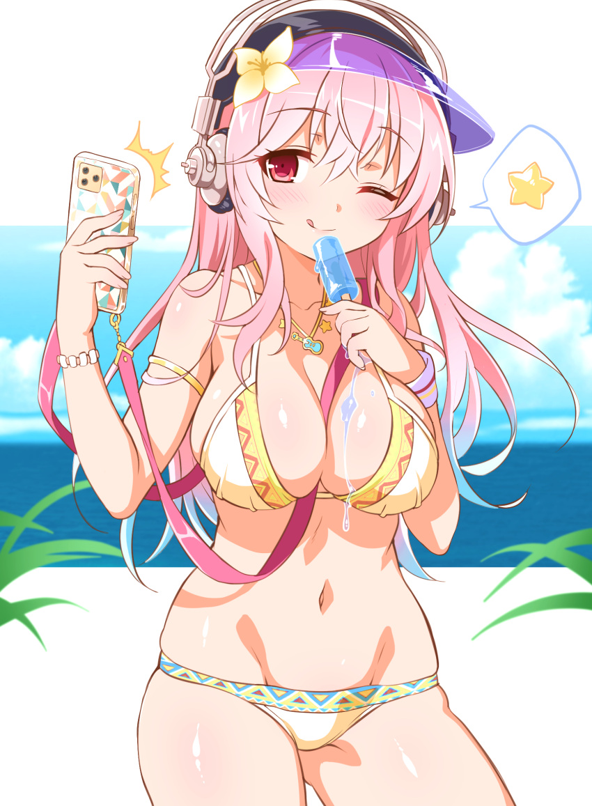 beach bikini breasts cellphone cleavage cowboy_shot female food headphones highres holding holding_phone large_breasts long_hair nitroplus one_eye_closed outstretched_arm phone pink_eyes pink_hair popsicle selfie smartphone solo super_sonico swimsuit taking_picture wanaca