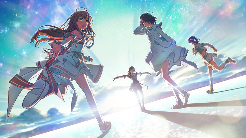 4girls ahoge arm_cuffs black_hair blue_eyes blurry brown_hair cloud depth_of_field dress dutch_angle enogu hair_over_one_eye highres hinata_nao_(iwamotochou_geinousha) horizon iwamotochou_geinousha light_rays long_hair long_sleeves looking_at_viewer looking_back midriff multiple_girls outstretched_arms pants shirafuji_tamaki shiwasu_takashi short_hair skirt sleeveless sleeveless_dress sunbeam sunlight suzuki_anzu virtual_youtuber white_dress white_footwear white_legwear white_pants white_skirt wrist_cuffs