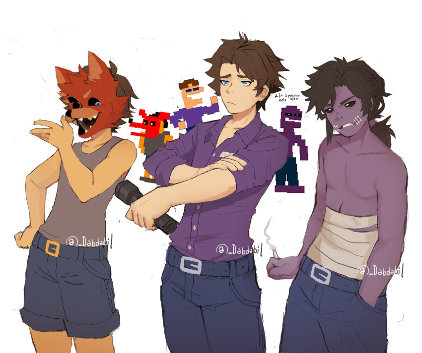 1boy age_progression aged_down bandages black_sclera blue_eyes brown_hair colored_sclera colored_skin commentary crying_child's_brother_(fnaf) dabi_bill five_nights_at_freddy's five_nights_at_freddy's:_sister_location five_nights_at_freddy's_4 flashlight fox_mask freddy_fazbear's_pizzeria_simulator glasgow_smile highres holding holding_flashlight mask mask_on_head michael_afton multiple_persona purple_shirt purple_skin shirt short_hair shorts spanish_commentary spanish_text spoilers stitched_face stitches tank_top