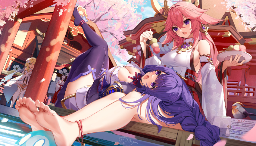 4girls absurdres anklet architecture bare_legs bare_shoulders barefoot bird blonde_hair blush braid breasts cherry_blossoms cleavage commentary dango day detached_sleeves east_asian_architecture feet food fox_mask full_body genshin_impact hair_between_eyes hair_ornament hakama hakama_skirt hanachirusato_(genshin_impact) highres holding holding_food holding_plate japanese_clothes jewelry kimono knee_up lap_pillow large_breasts leg_up legs legs_together long_hair long_sleeves looking_at_another lumine_(genshin_impact) lying mask mole mole_under_eye multiple_girls nahaki no_shoes oerba_yun_fang on_back outdoors peeking_out petals pink_hair plate purple_eyes purple_hair purple_kimono raiden_shogun red_hakama revision shirt sideboob signature skin_fang skirt slime_(genshin_impact) soles thighhighs toes tree v-shaped_eyebrows wagashi white_day white_shirt wide_sleeves yae_miko yellow_eyes