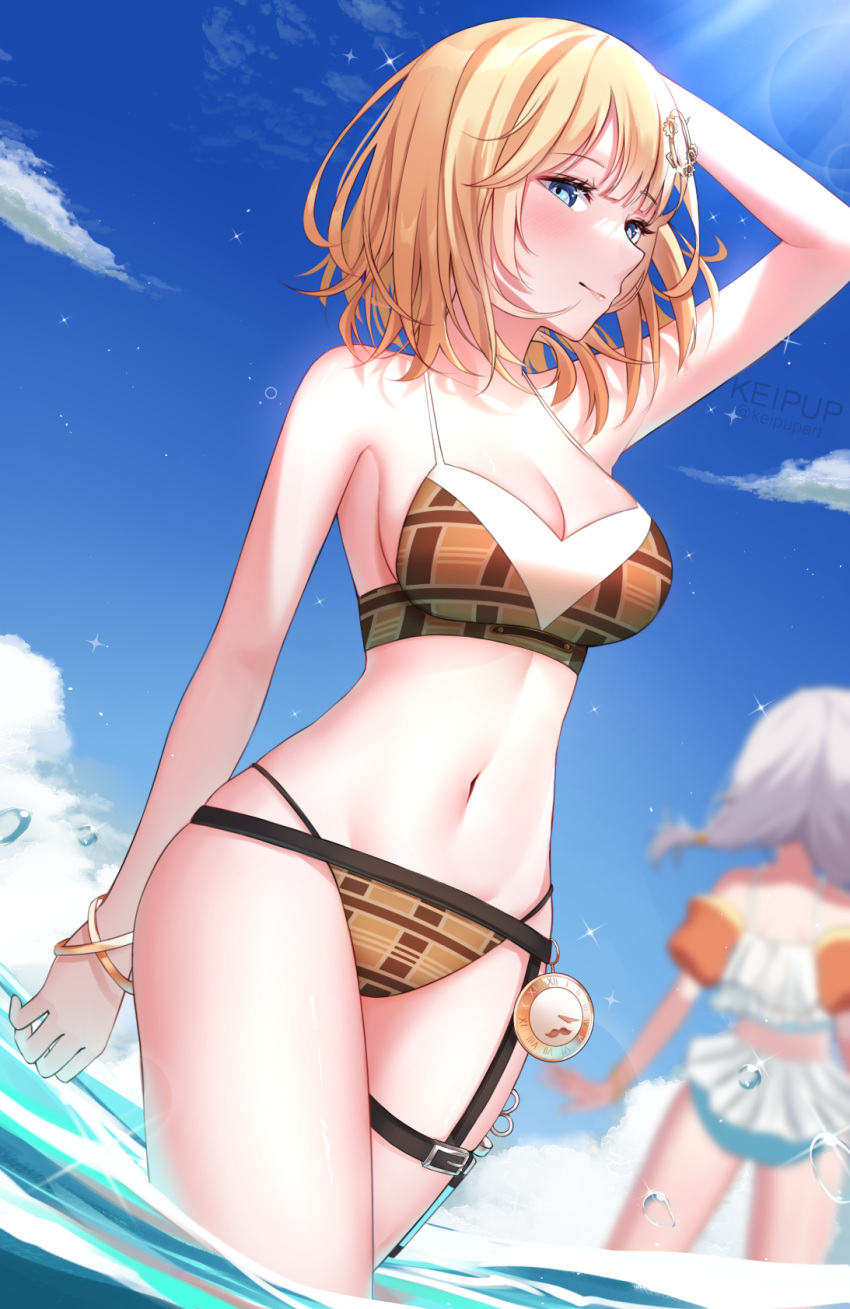 2girls bare_shoulders bikini blonde_hair blue_eyes blurry blurry_background blush breasts cleavage closed_mouth cowboy_shot dutch_angle garter_straps gawr_gura groin hair_ornament hand_on_own_head highres hololive hololive_english keipup large_breasts looking_at_viewer medium_breasts medium_hair multiple_girls navel outdoors plaid plaid_bikini pocket_watch sky smile solo_focus summer swimsuit syringe virtual_youtuber wading watch water watson_amelia wristband