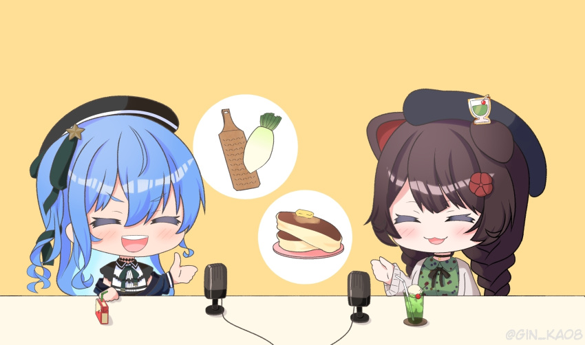 2girls 2zibure :3 animal_ears black_headwear blue_hair blush braid brown_hair butter chibi closed_eyes colored_inner_hair commentary_request cup daikon dog_ears drinking_glass drinking_straw food grater hair_between_eyes hat highres hololive hoshimachi_suisei hoshimachi_suisei_(casual) inui_toko juice_box long_hair long_sleeves microphone multicolored_hair multiple_girls nijisanji official_alternate_costume open_mouth pancake plate radish smile star_(symbol) twin_braids twitter_username virtual_youtuber yellow_background