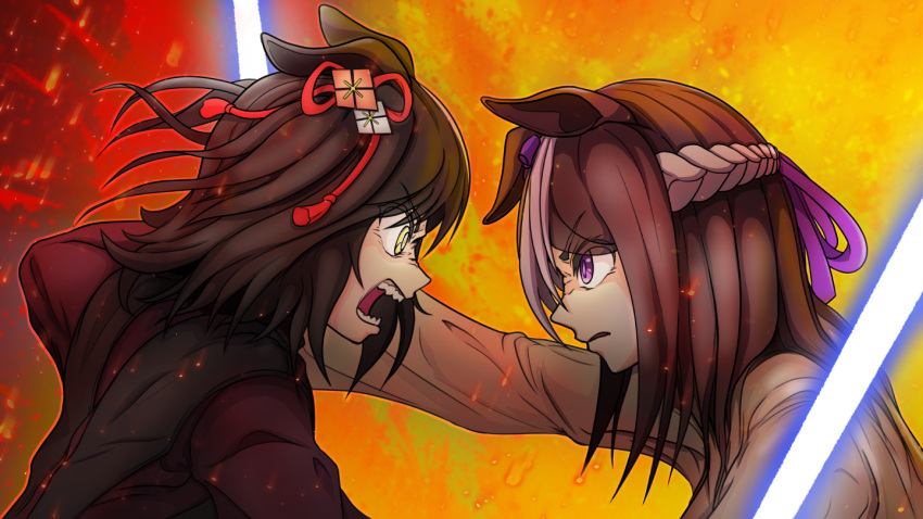 2girls anakin_skywalker anakin_skywalker_(cosplay) animal_ears blue_lightsaber braid commentary cosplay ctn_sasuke dilated_pupils ears_down energy_sword fangs french_braid hair_ornament horse_ears horse_girl kitasan_black_(umamusume) lava lightsaber medium_hair multiple_girls mustafar obi-wan_kenobi obi-wan_kenobi_(cosplay) purple_eyes robe scene_reference special_week_(umamusume) star_wars star_wars:_revenge_of_the_sith sword umamusume weapon yellow_eyes yotsuwari-bishi