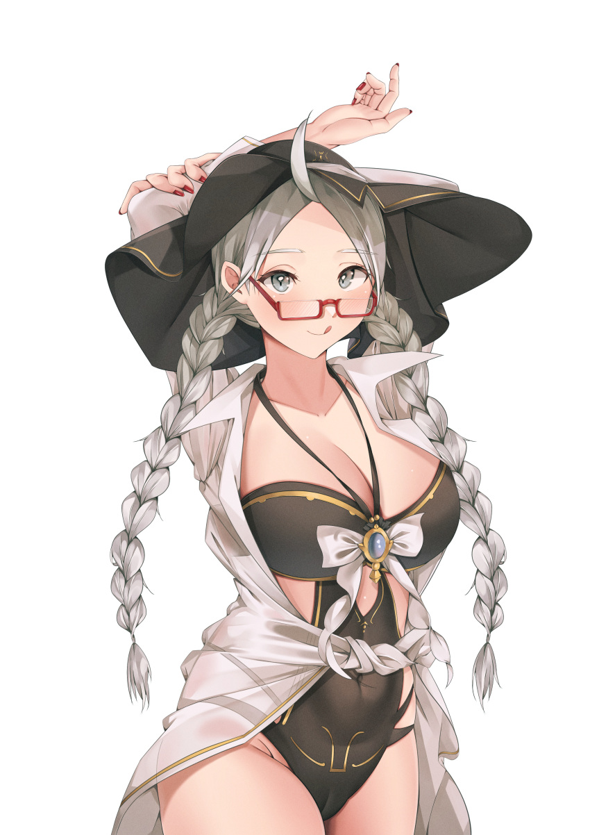 absurdres ahoge black_one-piece_swimsuit braid breasts brooch cameltoe cleavage collared_shirt commission commissioner_upload cosplay cowboy_shot female fire_emblem fire_emblem_fates friday_(granblue_fantasy) friday_(granblue_fantasy)_(cosplay) glasses granblue_fantasy grayfox hat highres jewelry large_breasts licking_lips low_twin_braids low_twintails nail_polish nina_(fire_emblem) non-web_source official_alternate_costume one-piece_swimsuit parted_bangs red_nails shirt solo sun_hat swimsuit thighs tongue tongue_out twin_braids twintails