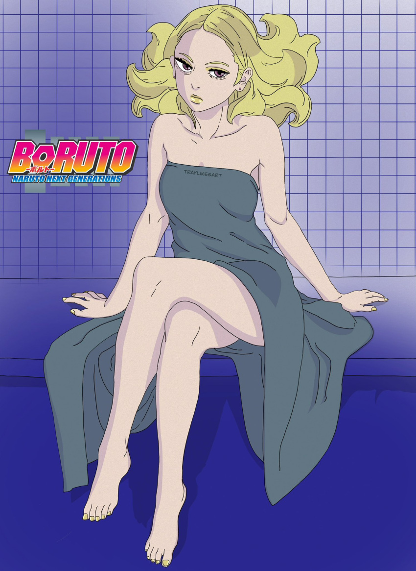 1girls akebi_sanzu artist_name bare_legs bare_shoulders barefoot boruto:_naruto_next_generations delta_(boruto) female female_only fingernail_polish fingernails fully_clothed lipstick long_hair looking_at_viewer makeup mascara messy messy_hair nail_polish naruto naruto_(series) pink_eyes pinup sauna sitting solo solo_female solo_focus text toenail_polish toenails towel towel_only traylikesart unusual_pupils watermark yellow_hair