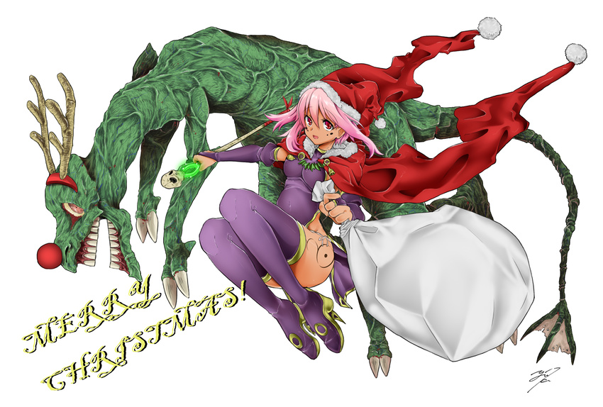 antlers boots breasts bridal_gauntlets cape christmas commentary_request dark_skin facial_mark female from_side full_body hair_between_eyes hat highres horns jewelry looking_to_the_side merry_christmas monster necklace original pelvic_curtain photoshop_(medium) pink_hair purple_footwear purple_legwear red_eyes sack santa_hat signature small_breasts tahira_ureka teeth thigh_boots thighhighs