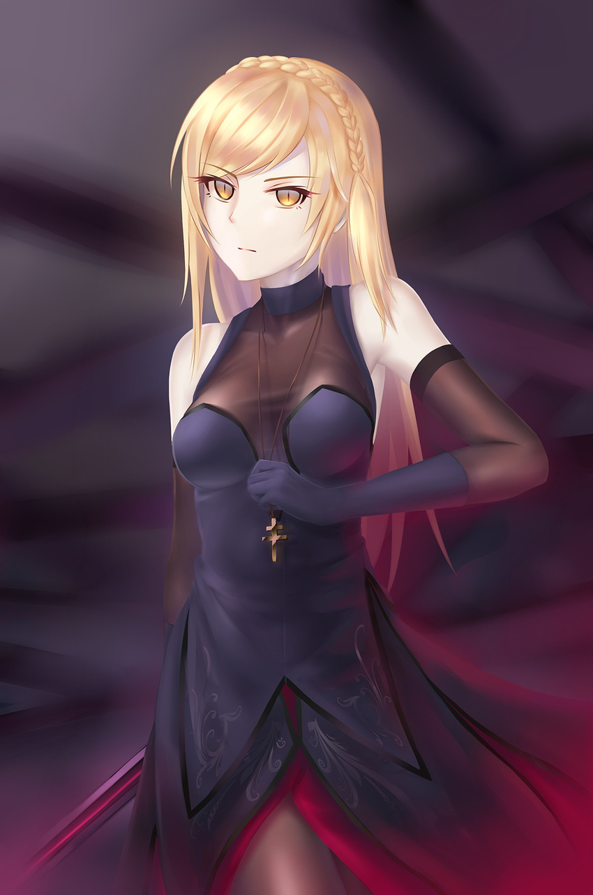 bare_shoulders blonde_hair breasts chinese_commentary cleavage commentary_request cross dark_persona elbow_gloves enemy_vessel_(warship_girls_r) female gloves glowing glowing_eyes highres iandrea jewelry long_hair medium_breasts necklace pale_skin pantyhose richelieu_(warship_girls_r) slit_pupils solo two-barred_cross vampire warship_girls_r yellow_eyes