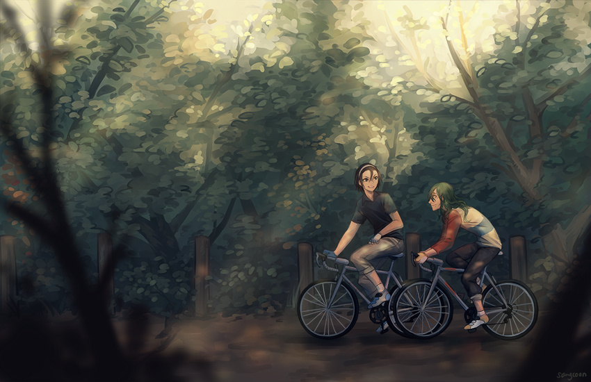 2boys artist_name bicycle branch brown_hair fingerless_gloves forest gloves green_hair hairband makishima_yuusuke male_focus multiple_boys nature outdoors riding sangcoon signature sunlight toudou_jinpachi tree yowamushi_pedal