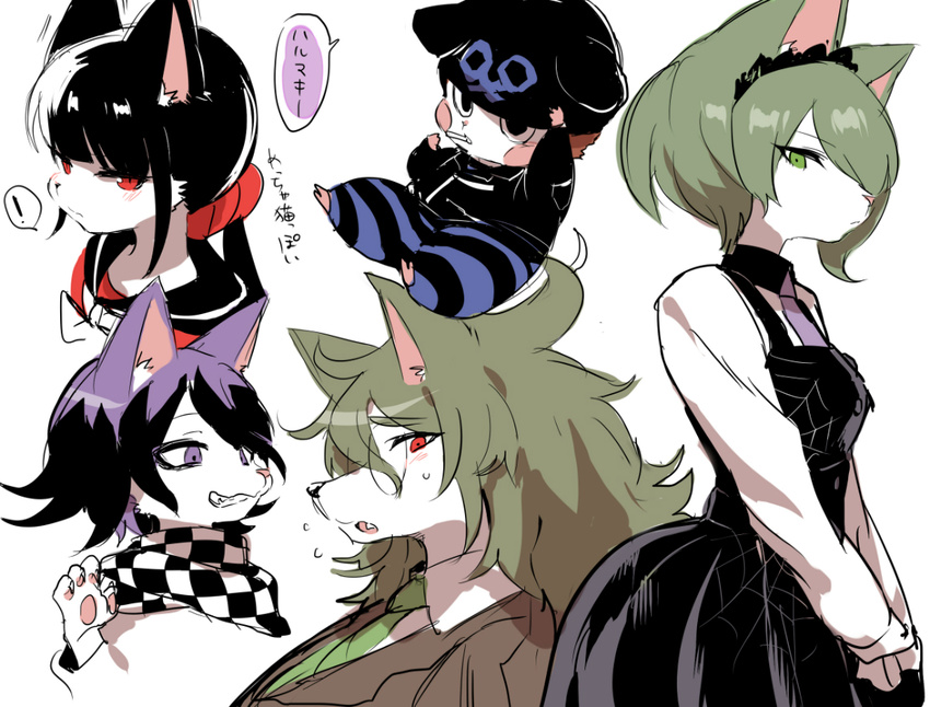 2girls 3boys animal animal_ears animalization bangs black_dress black_gloves black_hair blush_stickers brown_hair canine checkered_scarf danganronpa dress eyewear feline glasses gloves gokuhara_gonta green_eyes green_hair hair_over_one_eye harukawa_maki hat headdress horned_headwear hoshi_ryouma jacket leather_jacket long_hair maid maid_headdress matching_hair/eyes multiple_boys multiple_girls new_danganronpa_v3 ouma_kokichi pants purple_eyes purple_hair red_eyes scarf school_uniform serafuku shirt short_hair side_bangs striped striped_pants suit suurin_(ksyaro) tied_hair toujou_kirumi twintails uniform