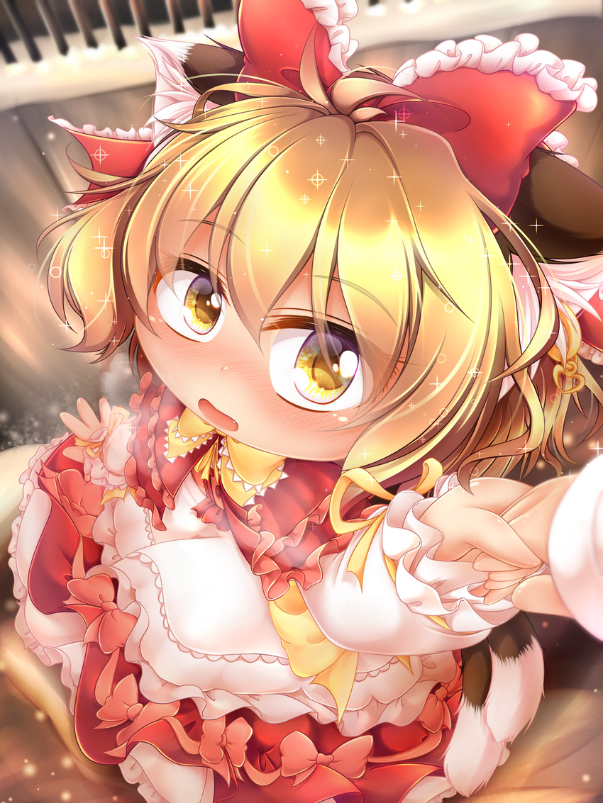 animal_ears bangs blush bow brown_eyes brown_hair chen dress earring eyebrows eyebrows_visible_through_hair female hair_ornament hairbow hand_holding heart heavy_breathing kurumai lolicon looking_up multiple_tails open_mouth red_bow solo solo_focus sparkle touhou