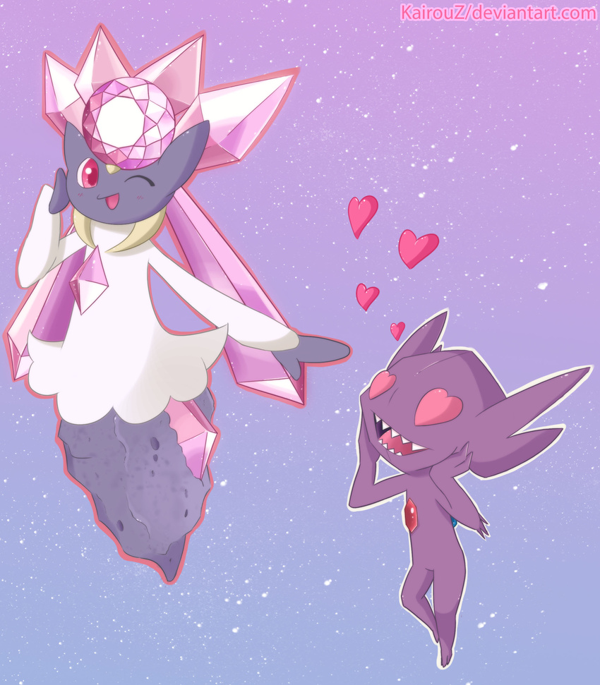 absurd_res ambiguous_gender crystal diamond_(gem) diancie digital_media_(artwork) duo elemental_creature gem gem_creature generation_3_pokemon generation_6_pokemon heart_eyes heart_symbol hi_res humanoid infatuation kairouz legendary_pokemon mineral_fauna nintendo one_eye_closed pokemon pokemon_(species) purple_background sableye simple_background wink