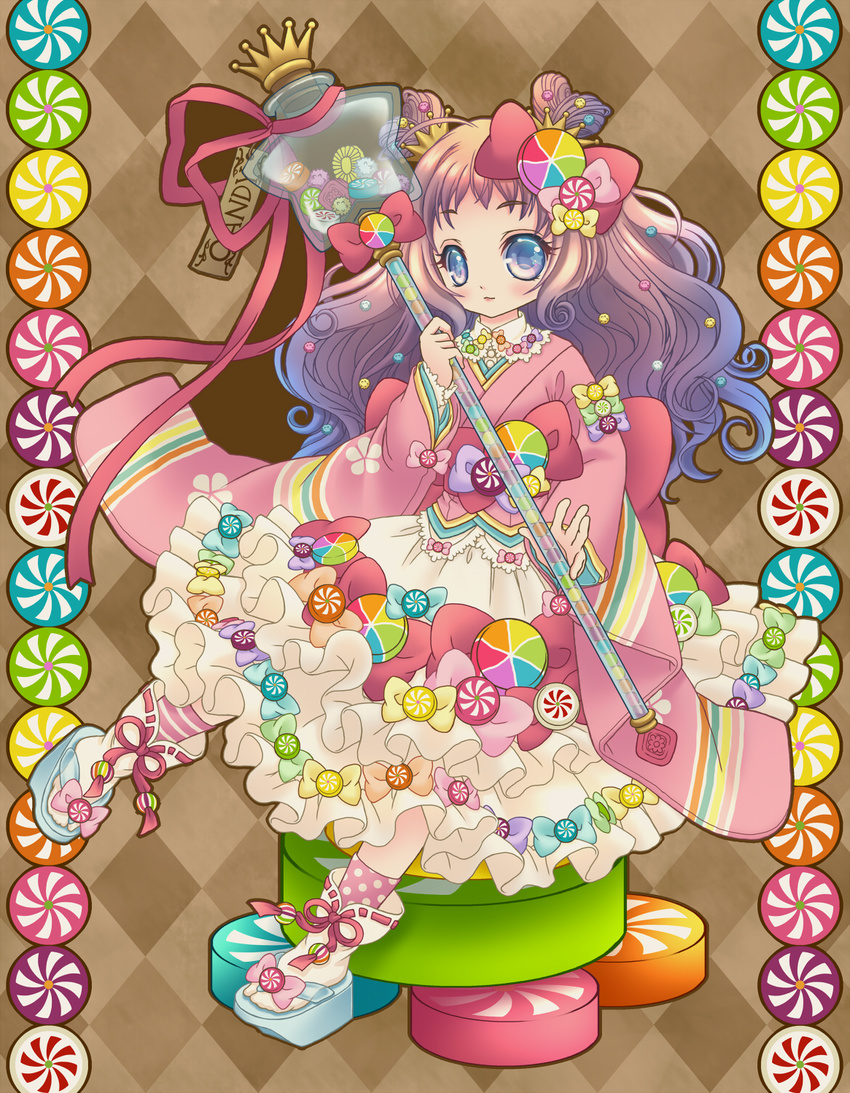 argyle_background ascot blue_bow blue_eyes bow brown_background candy candy_hair_ornament colorful commentary_request crown double_bun dress female food food-themed_hair_ornament food-themed_ornament frilled_dress frills full_body green_bow hair_bun hair_ornament hairbow highres japanese_clothes kimono kirio_mari long_hair looking_at_viewer orange_bow original personification pink_bow pink_shirt pocketland print_kimono purple_bow purple_hair rainbow_order red_bow sandals shirt sitting smile socks solo staff white_dress yellow_bow