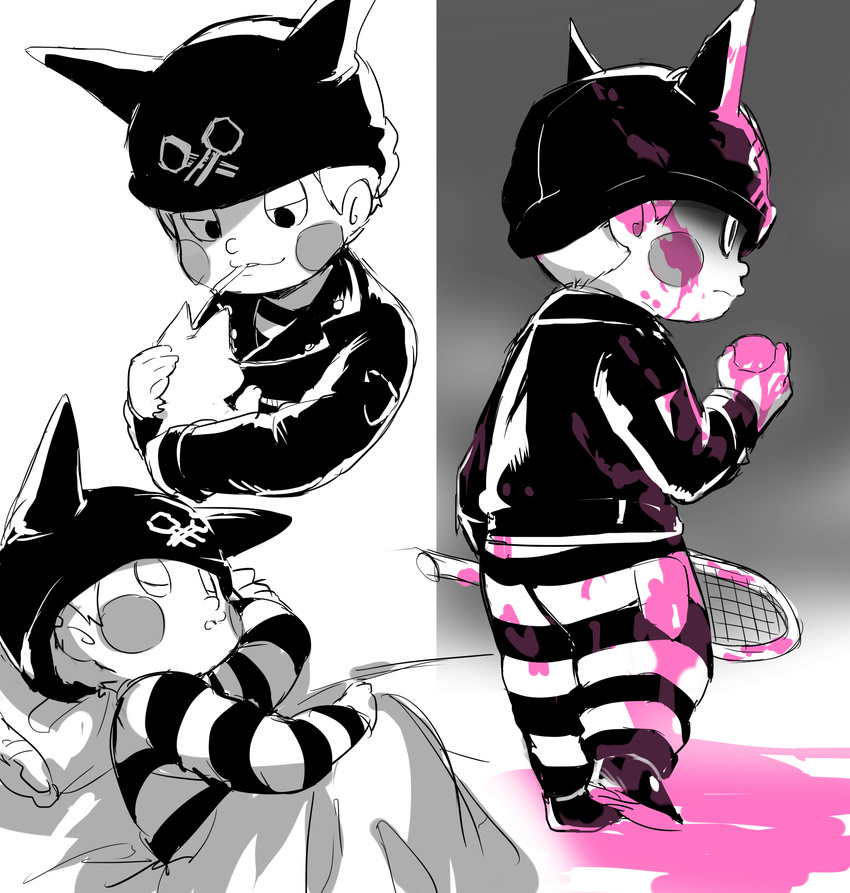 1boy animal ball blanket blood blush_stickers closed_eyes danganronpa feline hat horned_headwear hoshi_ryouma jacket leather_jacket new_danganronpa_v3 pants pillow shirt sleeping solo striped striped_pants suurin_(ksyaro) tennis_racket