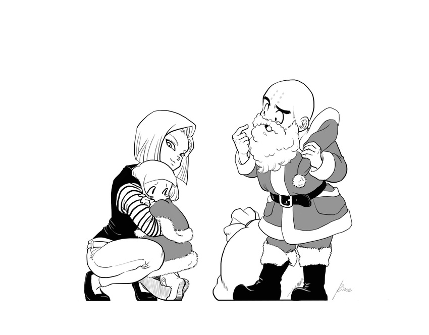 1boy 2girls android_18 bad_id bad_pixiv_id bald beard christmas commentary_request dragon_ball dragon_ball_z facial_hair facial_mark family forehead_mark greyscale hat highres holding holding_clothes holding_hat hug kuririn lolicon looking_back marron_(dragon_ball) monochrome multiple_girls photoshop_(medium) pointing pointing_at_self sack santa_costume scared short_hair signature squatting sweatdrop uirina unworn_hat unworn_headwear