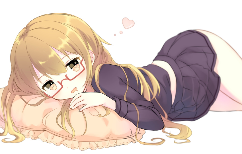 bad_id bad_pixiv_id blonde_hair blurry blush brown_eyes depth_of_field drooling female frilled_pillow frills glasses heart highres kantai_collection long_hair looking_at_viewer lying mochizuki_(kancolle) nerunnn on_stomach pillow red-framed_eyewear semi-rimless_eyewear skirt solo under-rim_eyewear white_background