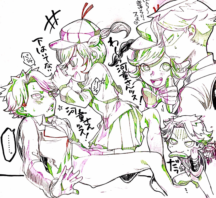 ... 1boy bottomless color_trace commentary_request cucumber deerstalker detective female gloves hair_intakes hat highres jacket kappa kneeling long_hair looking_at_another monster_boy mouth_hold necktie pleated_skirt pop'n_music protected_link reticulum short_hair skirt smile spoken_ellipsis suiri_(pop'n_music) suit_jacket sweat tanaka-san_(pop'n_music) twintails webbed_hands