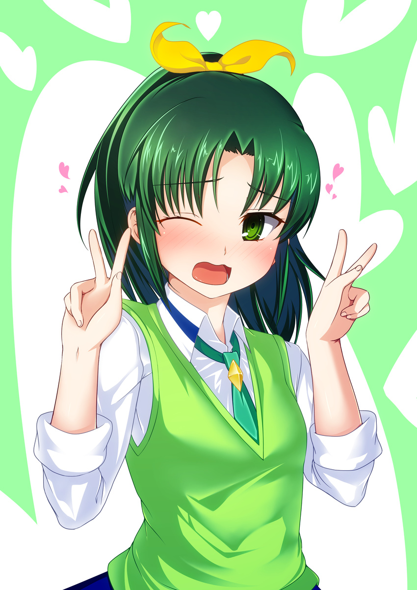 absurdres blush commentary_request double_v female green_eyes green_hair green_necktie hair_ribbon heart highres long_hair midorikawa_nao nanairogaoka_middle_school_uniform necktie open_mouth ponytail precure ribbon school_uniform sleeves_rolled_up smile_precure solo urepito_honke v vest wince