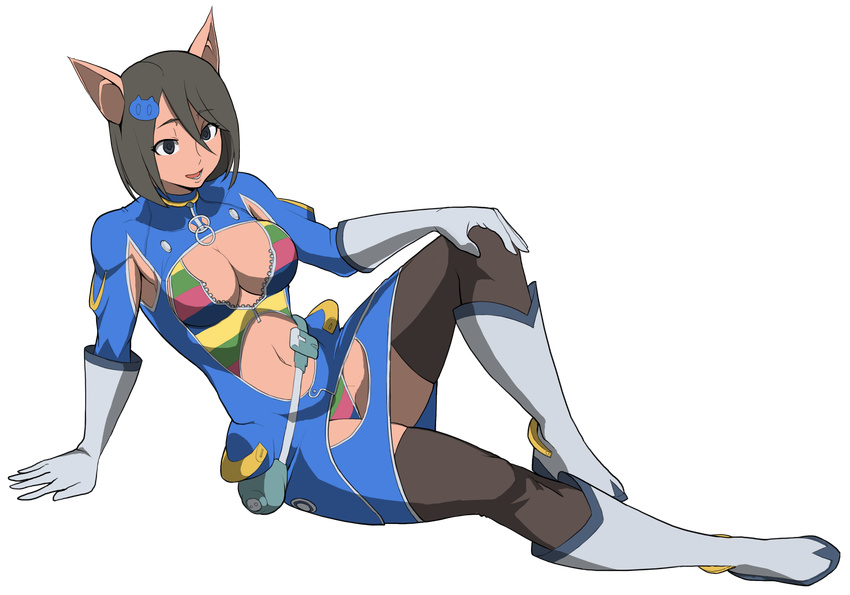 animal_ears baka_guruo black_hair blue_eyes breasts center_opening cleavage commentary_request elbow_gloves female full_body gloves hair_between_eyes hair_ornament hand_on_own_knee highres katakuchi_ikuo knee_up medium_breasts muchi_muchi_pork navel pig_ears revealing_clothes sitting solo thighhighs transparent_background white_gloves zipper