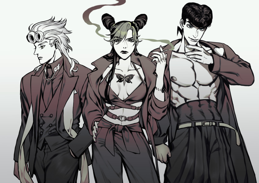 2boys abs bare_pectorals black_suit breasts bug butterfly butterfly_tattoo cigarette cleavage double_bun female formal giorno_giovanna hair_bun hand_on_own_hip higashikata_josuke jojo_no_kimyou_na_bouken kujo_jolyne long_coat monochrome multicolored_hair multiple_boys pectorals pompadour simple_background smoking stole stone_ocean suit tattoo two-tone_hair ultracat