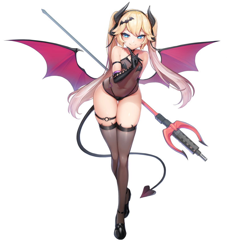 black_gloves black_thighhighs blonde_hair blue_eyes blush bumcha demon_girl demon_horns demon_tail demon_wings elbow_gloves female flat_chest full_body game_cg gloves highres horns last_origin legs leotard long_hair long_legs looking_at_viewer mary_janes navel official_alternate_costume official_art polearm see-through shoes skindentation smile solo tachi-e tail thetis_(last_origin) thigh_gap thighhighs thighs third-party_source transparent_background trident twintails weapon wings