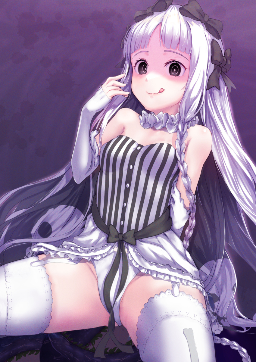 bare_shoulders black_bow black_hair blush bow braid breasts buttons colored_inner_hair commentary detached_sleeves dress fate/strange_fake fate_(series) female francesca_prelati_(fate) grey_dress grey_eyes grey_hair hairband hairbow heart highres licking_lips long_hair looking_at_viewer multicolored_hair okina_(805197) parted_bangs showgirl_skirt sidelocks skirt small_breasts smile solo striped_clothes striped_dress tentacle thighhighs thighs tongue tongue_out twin_braids two-tone_dress vertical-striped_clothes vertical-striped_dress white_dress white_hair white_skirt white_thighhighs