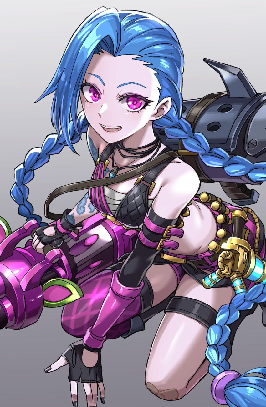 :d absurdres ammunition arm_tattoo asymmetrical_bangs bandages bandaid bandaid_on_knee bandaid_on_leg bandolier bare_shoulders belt black_gloves black_nails blue_hair braid breasts chest_sarashi crop_top female fingerless_gloves fishbones_(jinx) full_body gatling_gun gloves grey_background gun highres holding holding_gun holding_weapon holster jewelry jinx_(league_of_legends) league_of_legends long_hair looking_at_viewer machine_gun midriff nail_polish open_mouth pendant pink_eyes pink_shorts pink_thighhighs rocket_launcher sarashi shark_fin sharumon shell_casing shirt short_shorts shorts simple_background single_thighhigh sleeveless sleeveless_shirt small_breasts smile solo tattoo teeth thigh_strap thighhighs twin_braids upper_teeth_only very_long_hair weapon weapon_on_back