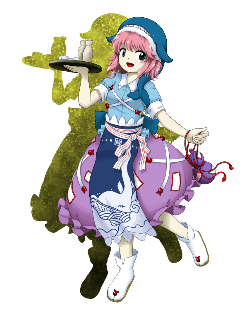 animal_hat animal_print apron blue_apron blue_hat blue_shirt bottle collared_shirt female fish_print gourd green_eyes hat highres holding_gourd okunoda_miyoi open_mouth parasite_oyatsu pink_hair puffy_short_sleeves puffy_sleeves purple_skirt sake_bottle shirt short_hair short_sleeves simple_background skirt smile solo touhou transparent_background tray whale_hat whale_print white_footwear zun_(style)