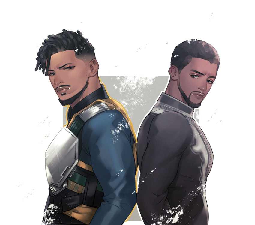 2boys animification armor beard black_eyes black_hair black_panther_(film) breastplate dark-skinned_male dark_skin dreadlocks facial_hair killmonger male_focus marvel marvel_cinematic_universe matsu_(bandan) moonlight_(movie) moustache multiple_boys t'challa