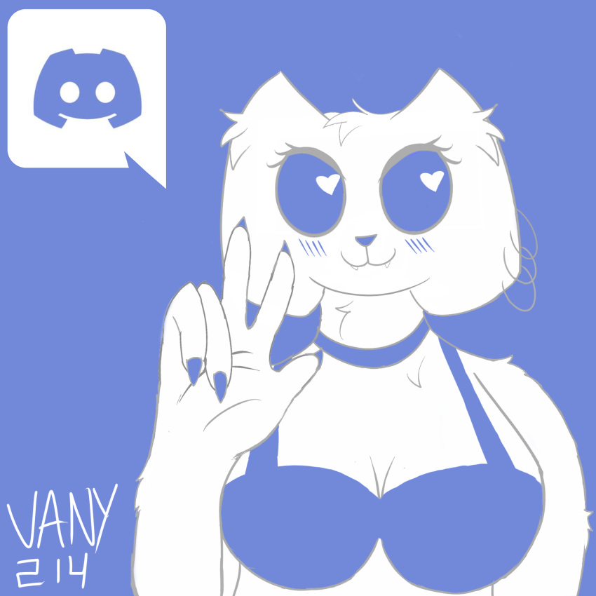 1:1 :3 anthro big_breasts blue_background blue_bra blue_claws blue_clothing blue_collar blue_nose blue_underwear blush blush_lines bra breasts claws clothing clyde_(discord) collar digital_media_(artwork) discord_(app) ear_piercing ear_ring fangs female fur half-length_portrait heart_eyes heart_symbol hi_res looking_at_viewer mammal multiple_piercings piercing portrait ring_piercing signature simple_background solo teeth tuft underwear unknown_species vany214 white_body white_breasts white_fur