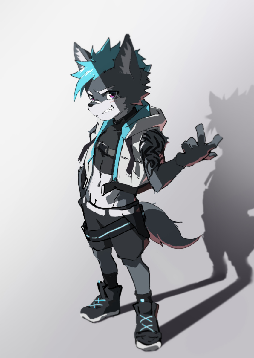 adolescent anthro band-aid bandage blue_hair blush blush_lines bottomwear canid canine canis clothing crotch_tuft footwear hair hald_(manadezimon) hi_res inner_ear_fluff leeksaltboy male mammal midriff purple_eyes shoes shorts smile sneakers solo tattoo topwear tuft vest wolf young