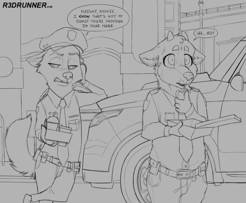 anthro beverage bodily_fluids burger canid canine canis car clothing dessert dialogue digital_drawing_(artwork) digital_media_(artwork) disney domestic_dog doughnut duo eating english_text fan_character food fox male mammal mastiff molosser monochrome motor_vehicle nick_wilde pastry police police_car police_officer_eating_donut police_uniform police_vehicle r3drunner red_fox soda spitz sweat swedish_vallhund text true_fox uniform upset vehicle zootopia