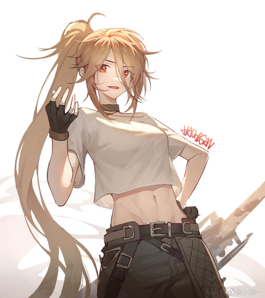 artist_name belt black_gloves black_pants blonde_hair female fingerless_gloves girls'_frontline girls'_frontline_neural_cloud gloves hachisan hand_up highres looking_at_viewer navel orange_eyes pants ponytail shirt smile sol_(neural_cloud) solo t-shirt weibo_watermark white_background white_shirt