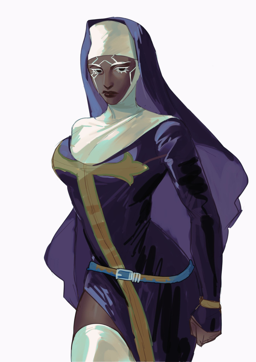 breasts colored_eyelashes dark-skinned_female dark_skin enrico_pucci female genderswap_(mtf) habit highres jojo_no_kimyou_na_bouken nun rule_63 side_slit solo stone_ocean thighhighs ultracat white_hair white_thighhighs