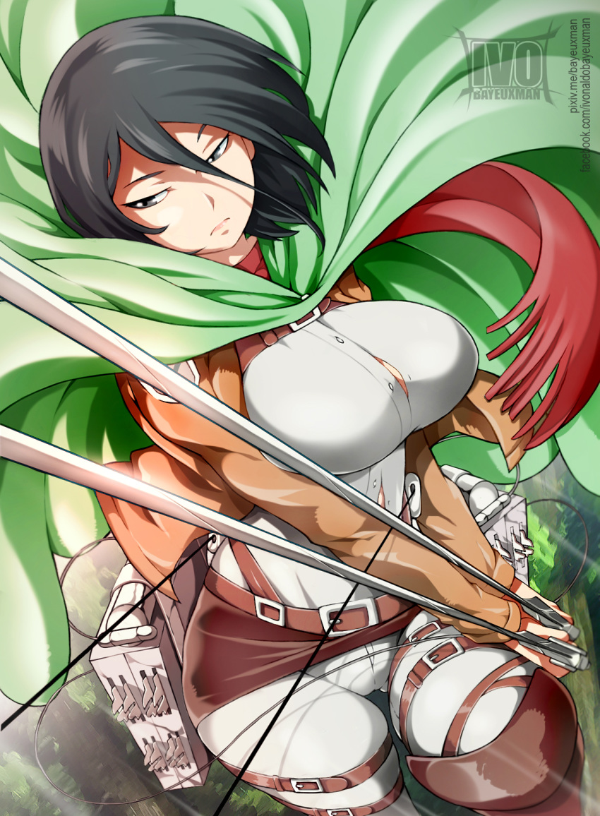 bayeuxman black_eyes black_hair breasts brown_jacket cape closed_mouth commentary dual_wielding english_commentary female green_cape highres holding holding_sword holding_weapon jacket large_breasts mikasa_ackerman photoshop_(medium) red_scarf scarf shingeki_no_kyojin short_hair solo sword three-dimensional_maneuver_gear weapon