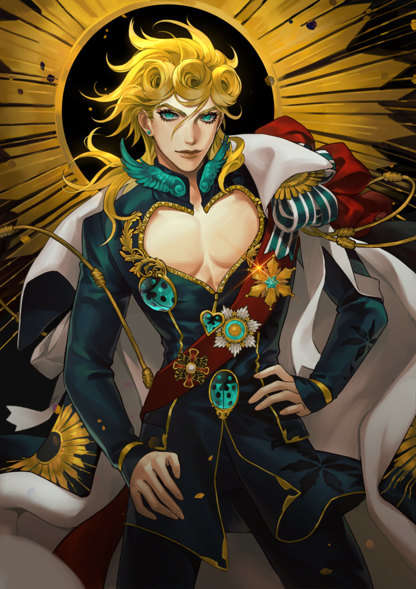 1boy aged_up blonde_hair blue_eyes braid cape cleavage_cutout clothing_cutout giorno_giovanna highres jojo_no_kimyou_na_bouken ladybug_ornament male_focus messy_hair pectoral_cleavage pectorals pose sash shoulder_sash smile solo ultracat vento_aureo wavy_hair white_cape wing_ornament