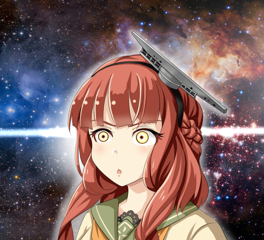 beige_serafuku brown_hair chestnut_mouth commentary_request de_ruyter_(kantai_collection) female galaxy green_sailor_collar hair_ornament highres kantai_collection long_hair nebula open_mouth sailor_collar solo space space_cat_(meme) star_(sky) tk8d32 upper_body wide-eyed yellow_eyes