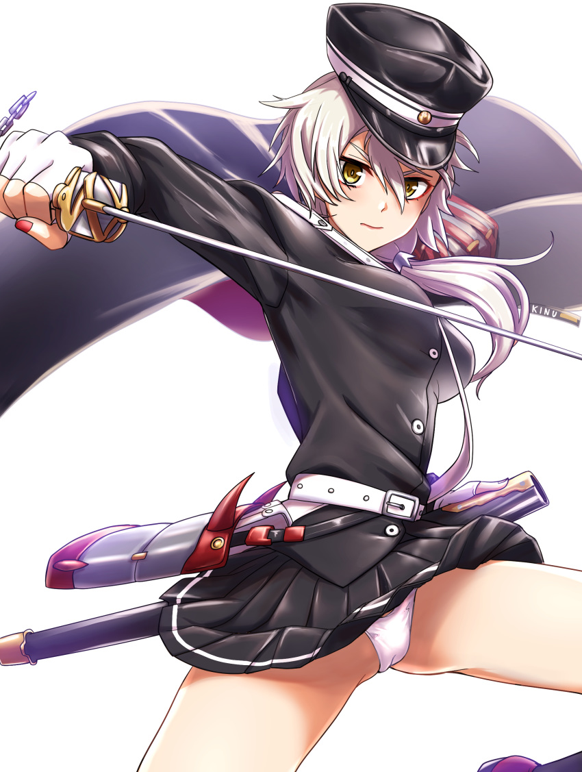 absurdres armor azur_lane belt black_cape black_hat black_jacket black_skirt breasts cameltoe cape chains character_name closed_mouth commentary_request cowboy_shot eyebrows_hidden_by_hair eyeliner female fingerless_gloves floating_hair gloves grey_hair hair_between_eyes hat highres holding holding_sheath holding_sword holding_weapon jacket japanese_armor katana kinu_(azur_lane) kobamiso_(kobalt) looking_at_viewer low_ponytail makeup medium_breasts medium_hair military military_hat military_uniform multicolored_cape multicolored_clothes panties pantyshot peaked_cap pleated_skirt red_cape red_nails serious sheath shoulder_armor sidelocks silver_gloves skirt sode solo standing suneate sword thighs underwear uniform weapon white_background white_panties yellow_eyes