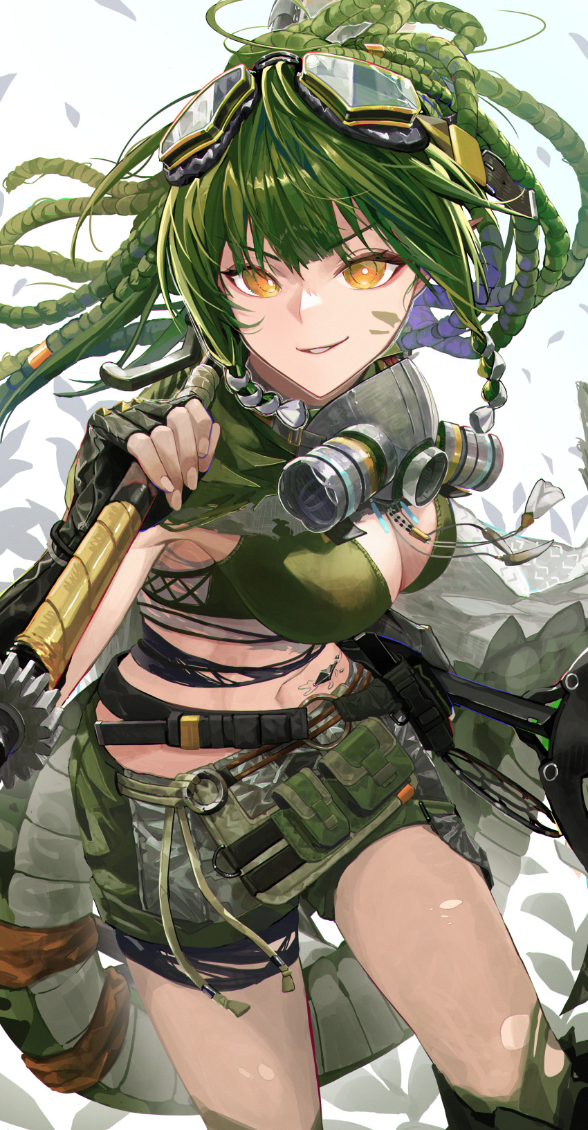 absurdres arknights belt bikini bikini_top_only breasts bright_pupils cleavage crocodilian_tail crop_top dreadlocks female gas_mask gavial_(arknights) gavial_the_invincible_(arknights) goggles goggles_on_head green_bikini green_hair green_shorts highres holding holding_weapon large_breasts long_hair looking_at_viewer mask material_growth monge_baby navel orange_eyes oripathy_lesion_(arknights) parted_lips short_shorts shorts simple_background smile solo staff swimsuit tail v-shaped_eyebrows very_long_hair weapon white_background