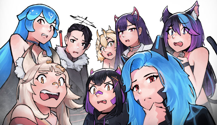 1boy 6+girls absurdres akuma_nihmune akuma_nihmune_(1st_costume) animal_ears bandaid bandaid_on_face bandaid_on_nose bao_(vtuber) bao_(vtuber)_(1st_costume) black_hair blonde_hair blue_hair blunt_bangs cat_ears cat_girl cat_tail choker commentary demon_girl demon_horns english_commentary fox_ears fox_girl hair_between_eyes halo heart heart_choker highres horns indie_virtual_youtuber long_hair looking_at_viewer mika_moonlight mole mole_under_eye multiple_girls open_mouth purple_hair rainhoe rpr sanagi_yuzu shirahiko_(vtuber) short_hair simple_background tail teeth tongue virtual_youtuber white_background yellow_eyes zepocketdroid