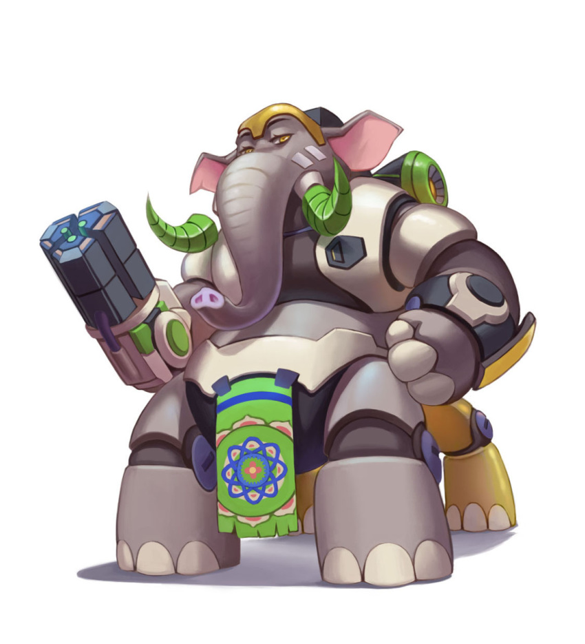 2017 anthro armor bei_ju_luoxuan_wan blizzard_entertainment clothed clothing cosplay crossover crossover_cosplay disney elephant elephantid fully_clothed grey_body gun hi_res holding_gun holding_object holding_ranged_weapon holding_weapon mammal nangi_(zootopia) orisa_(overwatch) overwatch proboscidean ranged_weapon simple_background solo thumbless tusks weapon white_background yellow_eyes zootopia