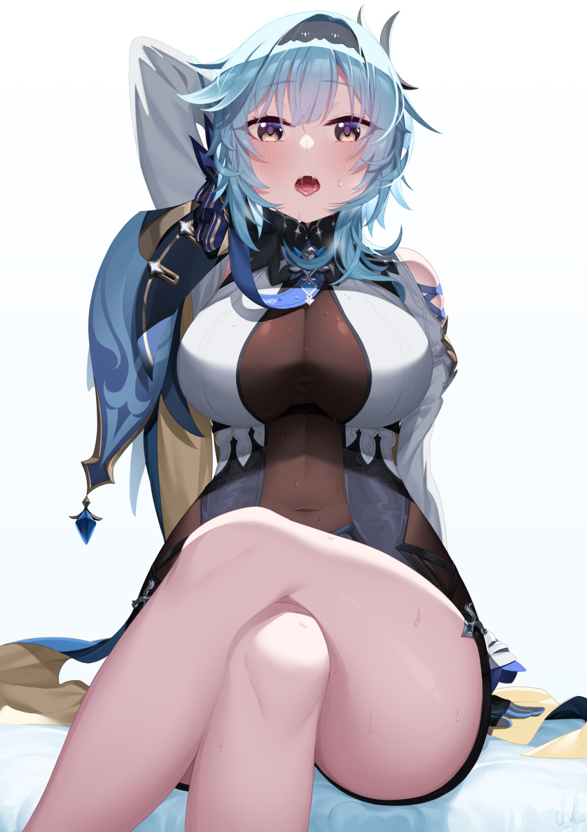 arm_behind_head black_hairband black_leotard blue_hair blue_neckwear breasts center_opening cleavage clothing_cutout covered_navel crossed_legs eula_(genshin_impact) female genshin_impact hairband highres izulizuru large_breasts leotard looking_at_viewer looking_down medium_hair open_mouth saliva shoulder_cutout sitting solo sweat thighs vision_(genshin_impact) white_background yellow_eyes