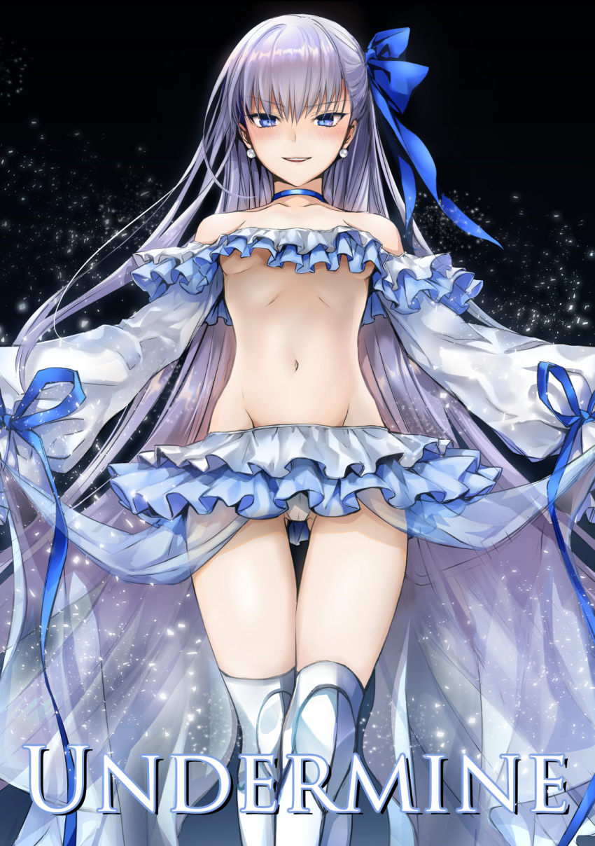 bare_shoulders bikini black_background blue_eyes blue_ribbon breasts choker collarbone commentary_request earrings fate/grand_order fate_(series) female frilled_bikini frills hair_between_eyes highres jewelry long_hair long_sleeves looking_at_viewer md5_mismatch meltryllis_(fate) meltryllis_(swimsuit_lancer)_(fate) meltryllis_(swimsuit_lancer)_(third_ascension)_(fate) mintes navel open_mouth prosthesis prosthetic_leg puffy_sleeves purple_hair ribbon sarong sleeves_past_fingers sleeves_past_wrists small_breasts smile solo swimsuit thighs tsurime very_long_hair